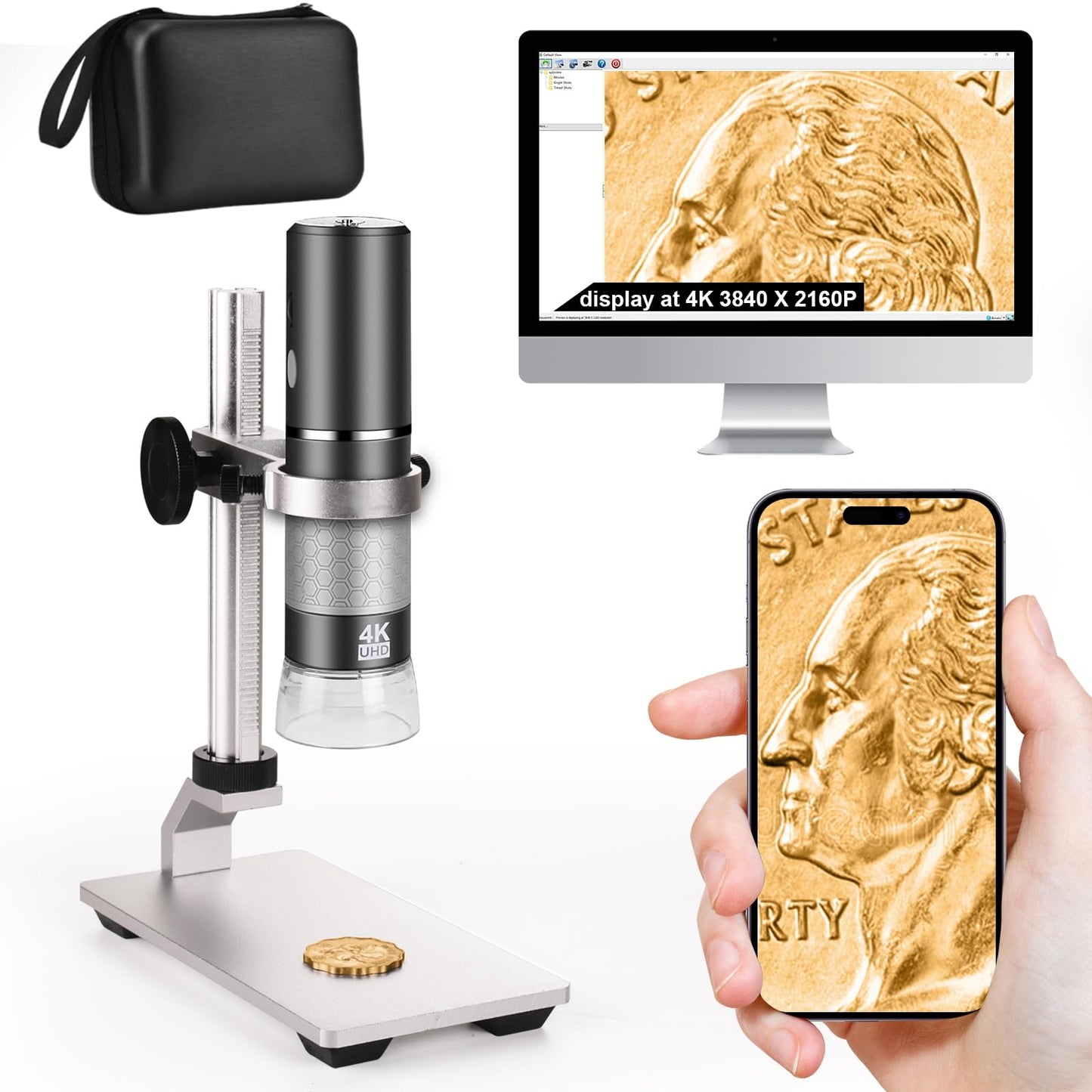 Ninyoon 4K Microscope with Professional Stand + Case for iPhone Android PC, 50-1000X Digital USB Microscope Endoscope HD Camera for All Cellphones iPad Android Tablet Windows Mac Chrome Linux