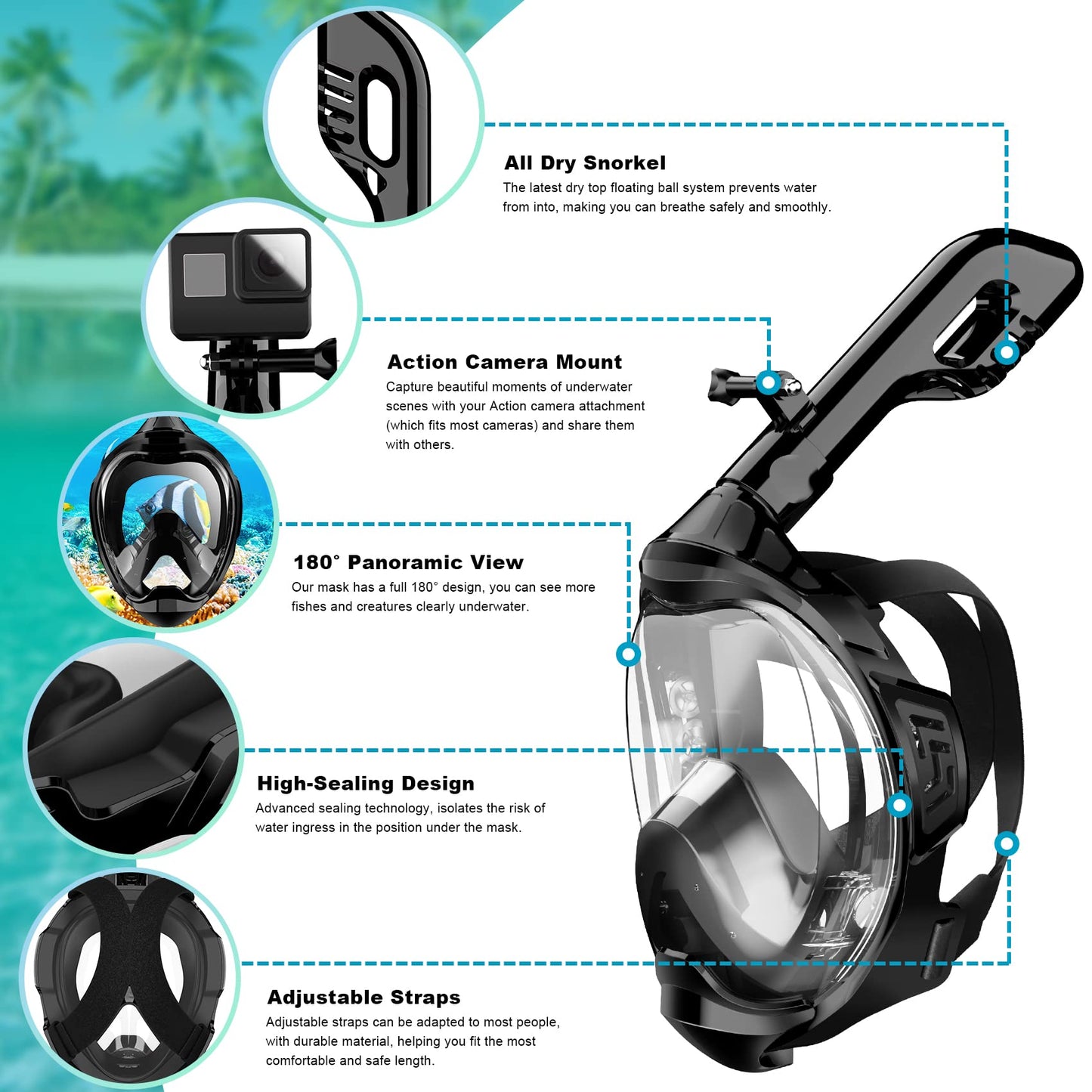 Zeeporte Dive Full Face Snorkel Mask, Snorkeling Gear for Adults Kids with Latest Dry Top Breathing System and Detachable Camera Mount, Foldable Mask with 180 Degree Panoramic View, Anti Leak&Fog