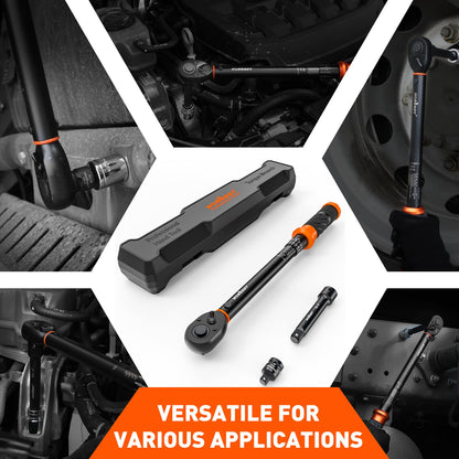 HORUSDY 1/2-Inch Drive Click Torque Wrench Set – 10–170 ft-lb / 13.6–230.5 Nm, ±3% Precision, Dual Scale, 72-Tooth Reversible Head with 5" Extension & Adapter for Car, Tire, and Motorcycle Use