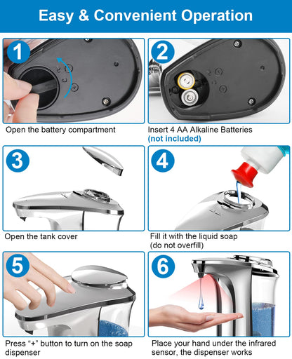 PZOTRUF Automatic Soap Dispenser, Touchless Dish Soap Dispenser 17oz/500ml with Infrared Sensor, 5 Adjustable Soap Levels, Liquid Dispenser for Bathroom Kitchen (Silver)