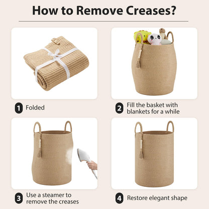 Jute Woven Rope Laundry Hamper, Tall Laundry Basket for Blanket Storage, Large Dirty Clothes Hamper for Toys, Decorative Baby Nursery Hamper for Bedroom, Living Room - Jute Brown, 58L