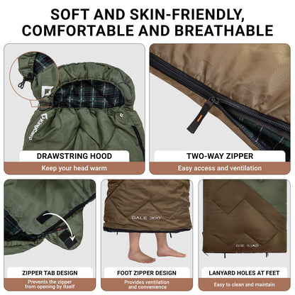 KingCamp Sleeping Bag for Adults, Cold Weather & Warm XL Big and Tall Flannel Sleeping Bags with Compression Sack Portable Waterproof Essentials Gear Accessories for Outdoor Camping (Beangreen/Brown)