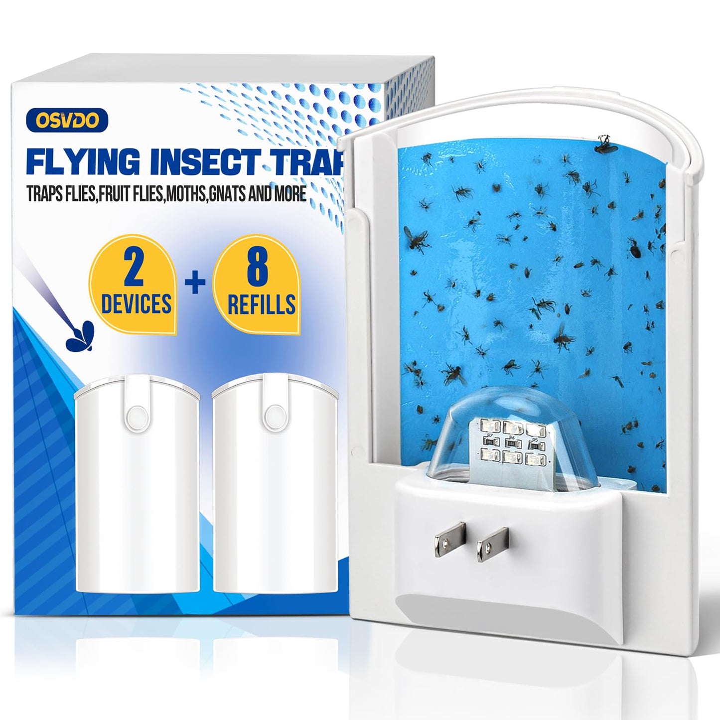 2 Flying Insect Traps & 8 Cartridges - Plug in Fruit Fly Trap for Indoor - Bug Catcher for Gnats, House & Fruit Flies - Mess-Free with Blue & UV Light (2 x Devices & 8 x Refills)