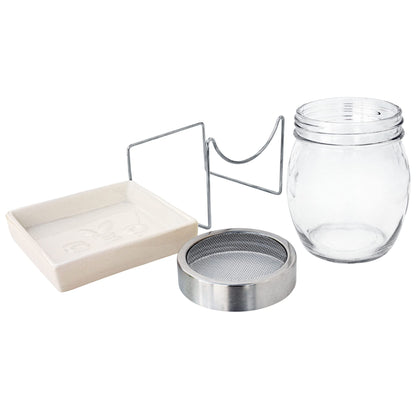 GEO Sprouting Jar - Italian Design - Glass Jar with Stainless Steel Screen, Rim, Stand on Ceramic Base