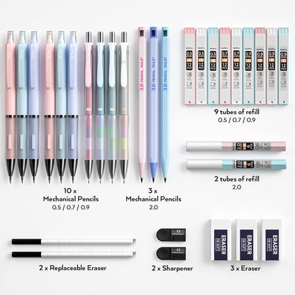 Nicpro 31PCS Pastel Mechanical Pencil Set with Case, Cute Art Drafting Pencils 0.5, 0.7, 0.9 mm & 2mm Lead Holder with 11 Tube Lead Refills(HB 2B), Aesthetic School Supplies for Drawing Sketching