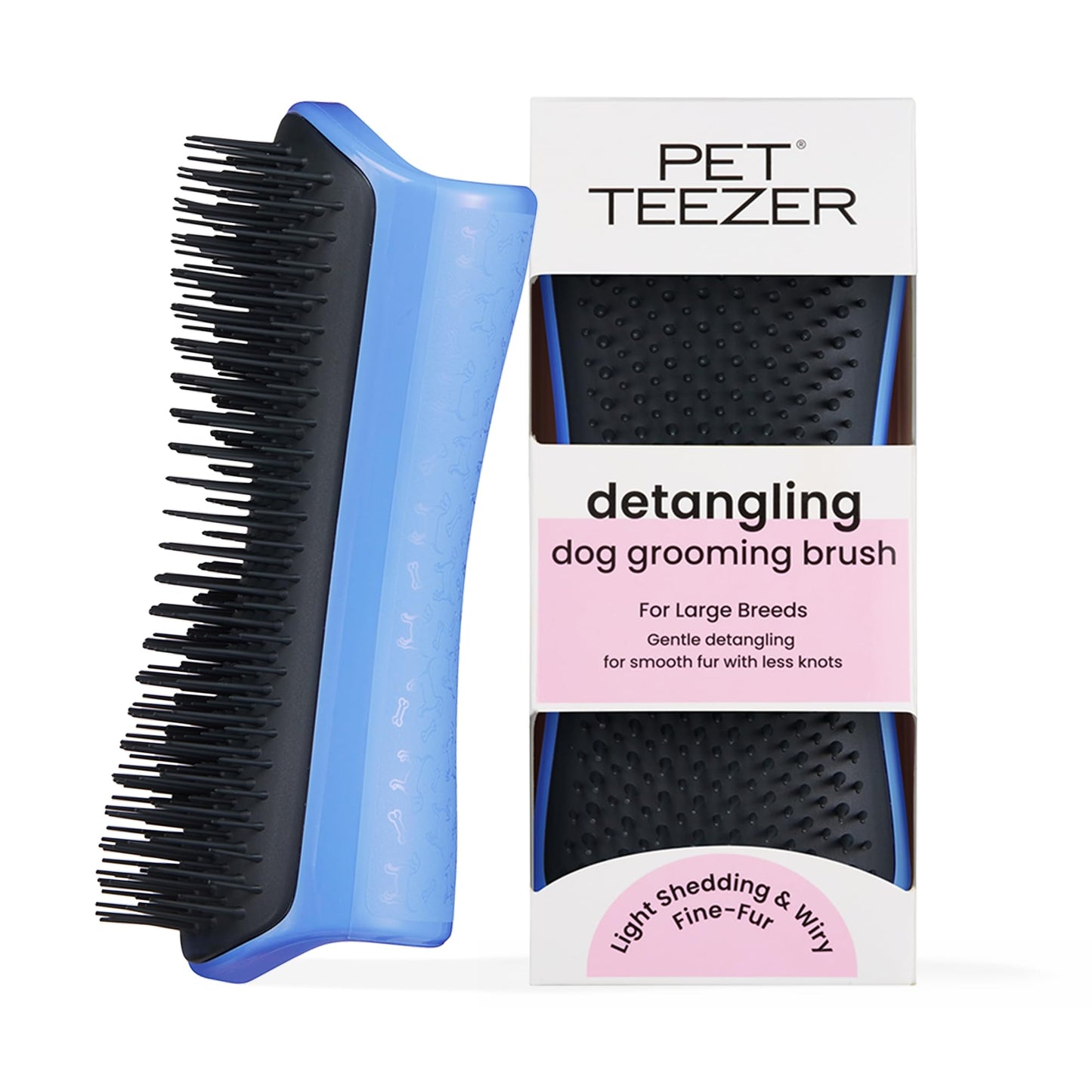 Pet Teezer Detangling Dog Grooming Brush, Dog Bath Brush for Long Haired Breeds and Wet or Dry Fur, Large, Blue & Grey