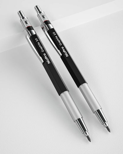 Nicpro 2mm Metal Mechanical Pencil Set, 2PCS Lead Holder 2.0 mm Marker Artist Carpenter Pencils with 120 Graphite Lead Refill (HB 2H 4H 2B 4B & Color), 2 Eraser for Drafting, Drawing Writing Sketching