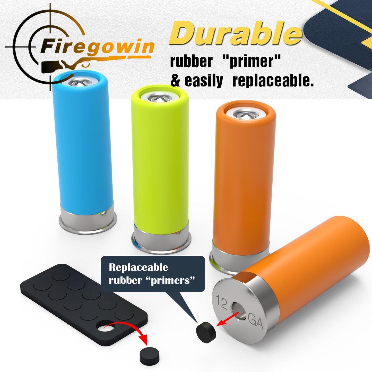 FIREGOWIN Pro 12GA Dummy Rounds – Training Snap Caps, Reusable Dry Fire Training Round with Rubber Primers -Orange Type 5 Pack