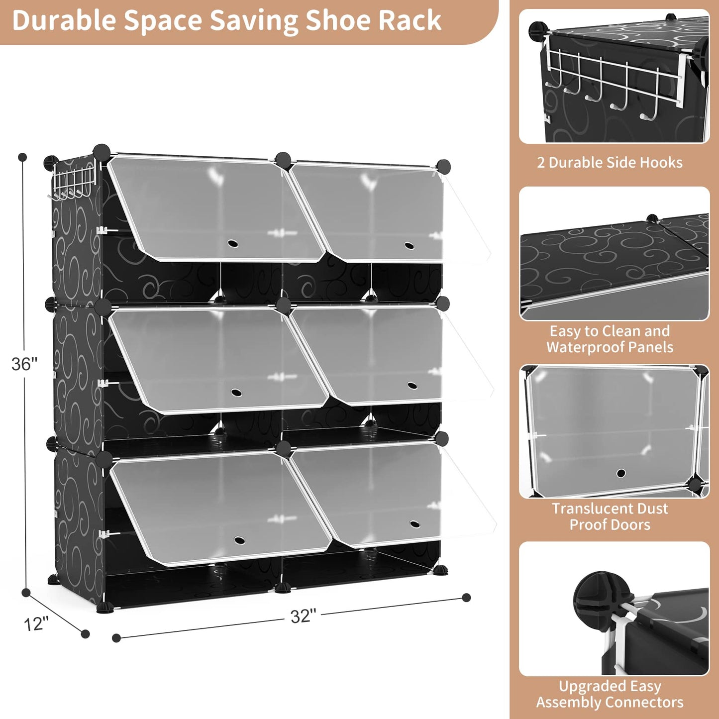 ROJASOP Portable Shoe Rack Organizer 6-Tier Shoe Cabinet 24-Pair shoe Storage Expandable Free Standing Stackable Space Shoe Rack with 2 exclusive Versatile Hooks for Bedroom Black