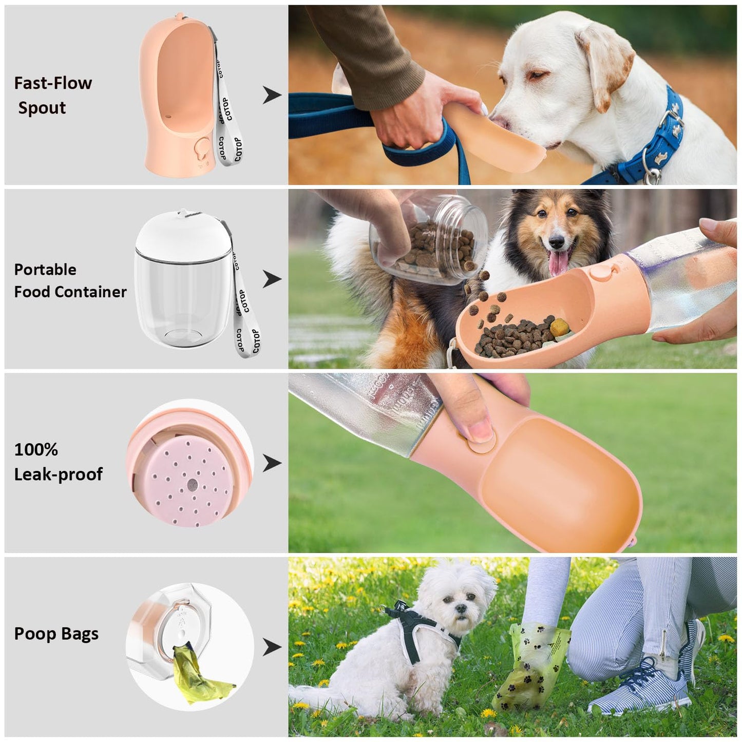 20oz Dog Water Bottle with Food Container & Poop Bag Dispenser | Leak-Proof Portable Pet Water Dispenser with Carabiner Clip | for Walking, Hiking, Travel (Peach, 20oz)