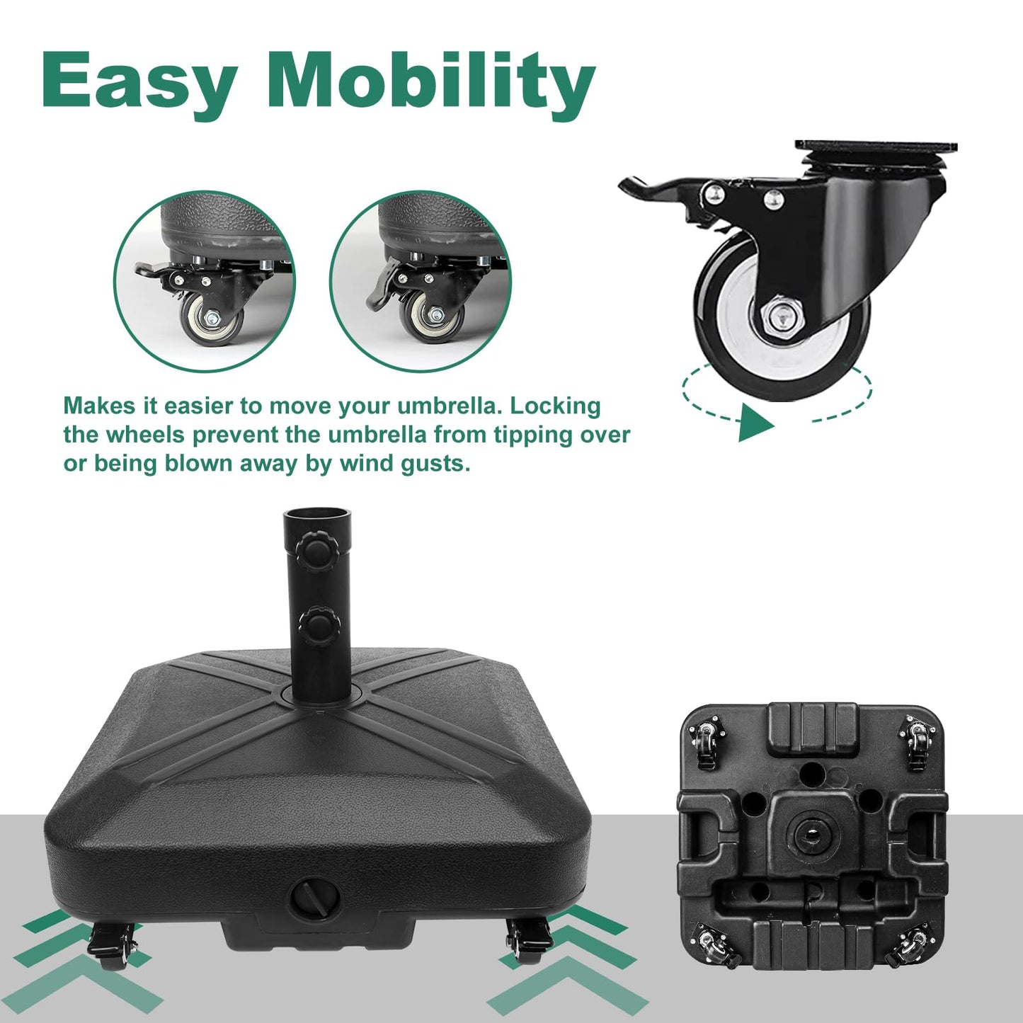RAOKUKH DZ4733 MS Patio Umbrella Base Heavy Duty with Wheels Square Market Stand for Outdoor 4 Locks 1 Knobs 125lb Capacity, Black