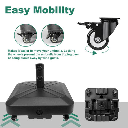 RAOKUKH DZ4733 MS Patio Umbrella Base Heavy Duty with Wheels Square Market Stand for Outdoor 4 Locks 1 Knobs 125lb Capacity, Black