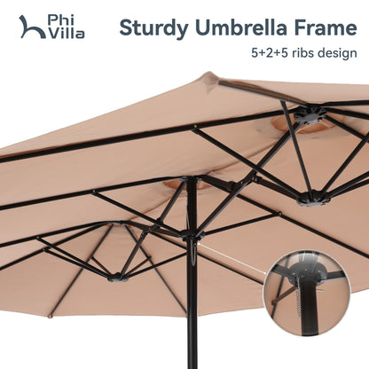 PHI VILLA 15ft Large Patio Umbrellas with Base Included, Outdoor Double-Sided Rectangle Market Umbrella with Stand, Outside Umbrellas for Poolside Lawn Backyard, Beige