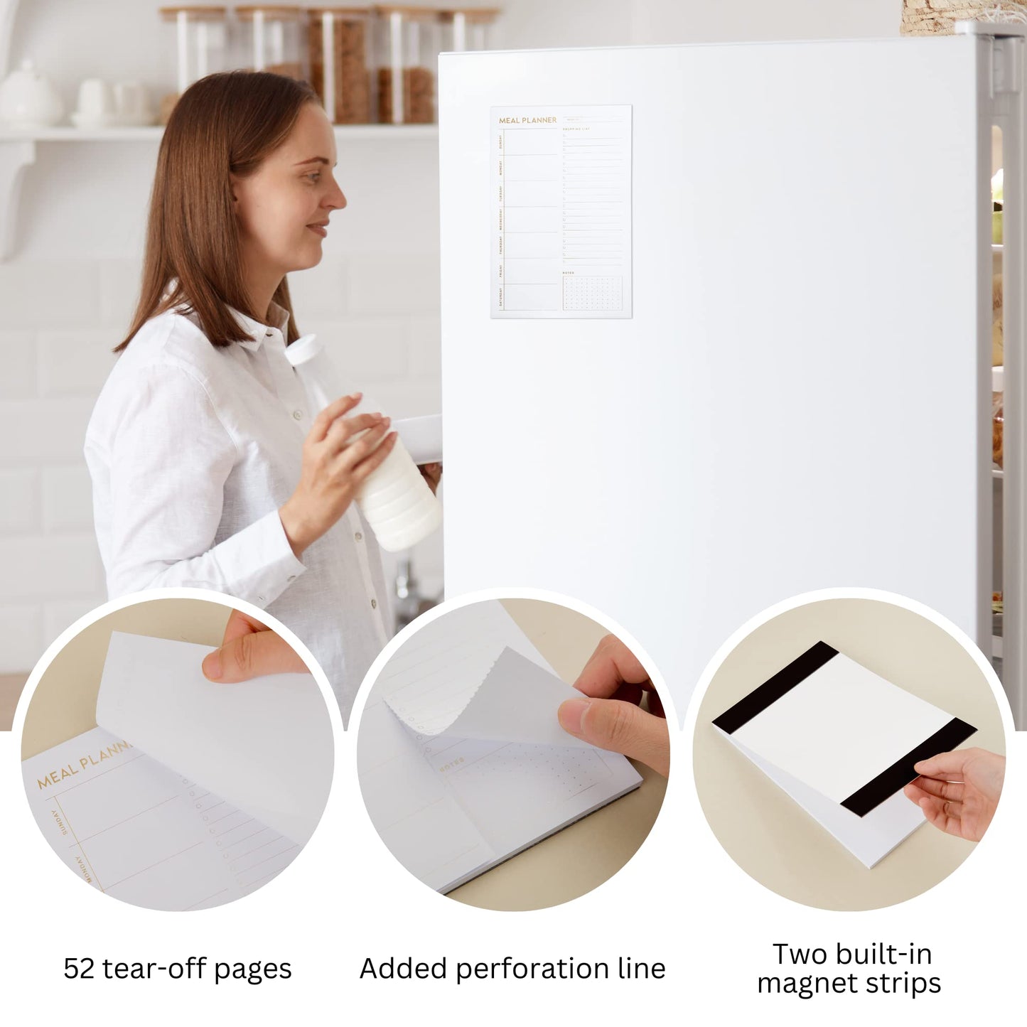 Matte Gold Foil Magnetic Meal Planning Pad for Fridge 52 Undated Tear-off Sheets, 6x9 Inch Meal Planner & Grocery List with Magnet, Weekly Meal Planner with Tear Off Shopping List