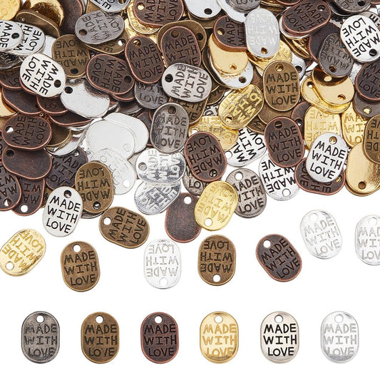 PH PandaHall 360 pcs 6 Colors Metal Handmade Tags, 11x8mm Made with Love Tag Pendant Charm Message Love Charms, Tibetan Style for Bracelet Necklace Earrings DIY Crafts Jewelry Making