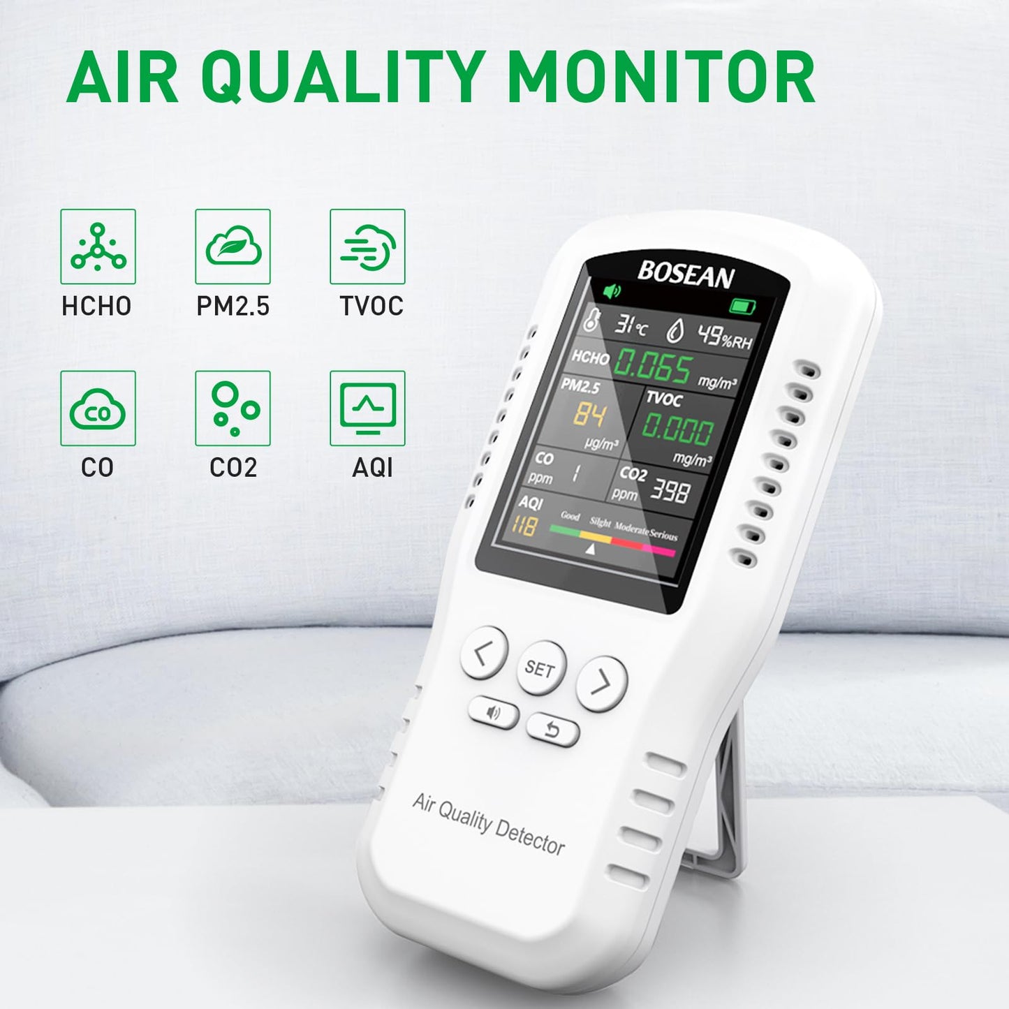 8-in-1 Indoor Air Quality Monitor, Formaldehyde Detector, Temperature & Humidity Meter, Sensor, Tester Detect PM2.5, CO, CO2, HCHO,TVOC,AQI Micron Dust, Home Air Test Kits