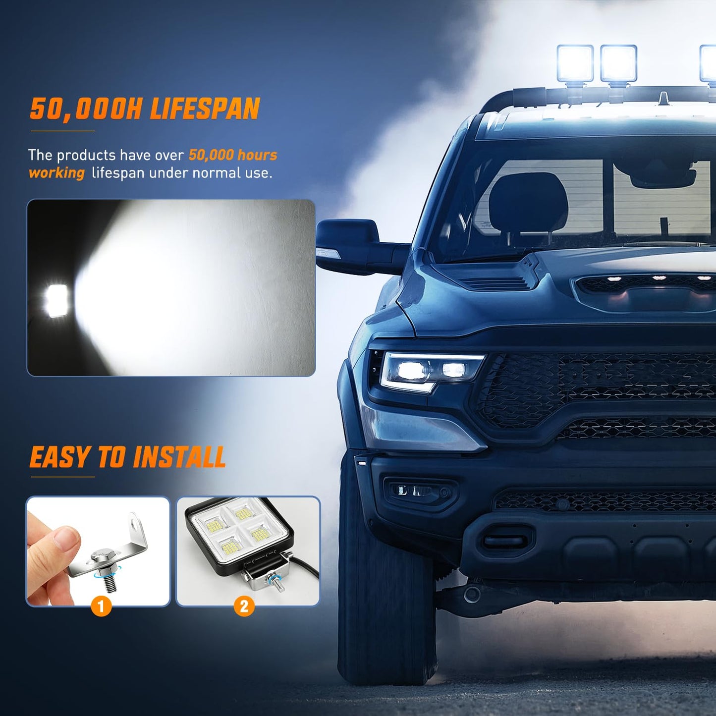 Nilight LED Tractor Lights LED Pods Square 2PCS 4 Inch 64LEDs Flood Bar Fog Driving Work Lighting for Truck Off Road Vehicles ATV UTV Boat