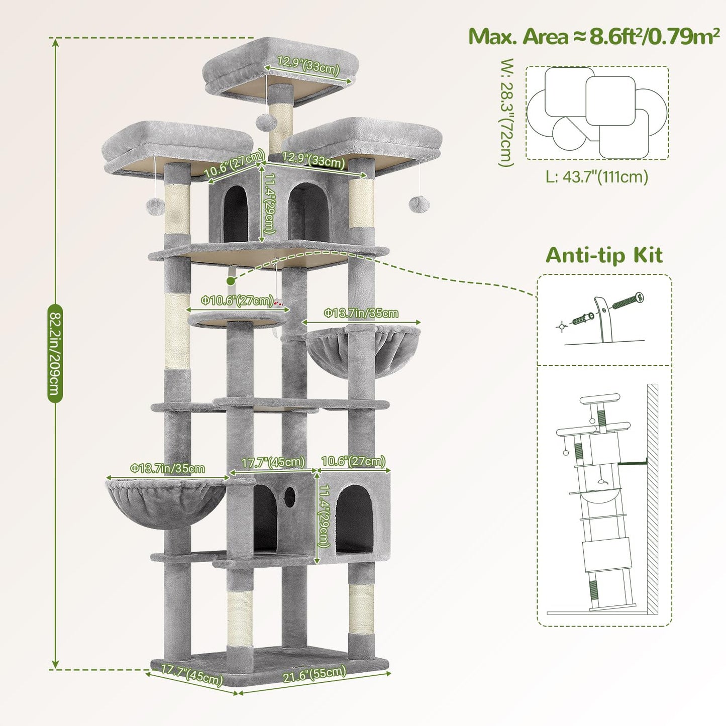 Globlazer Cat Trees and Towers for Multiple Adult Cats, 82-inch XXL Tall Cat Tree Tower for Indoor Cats with Scratching Post, 3 Perches, 2 Condos, 2 Hanging Baskets, F82, Light Grey