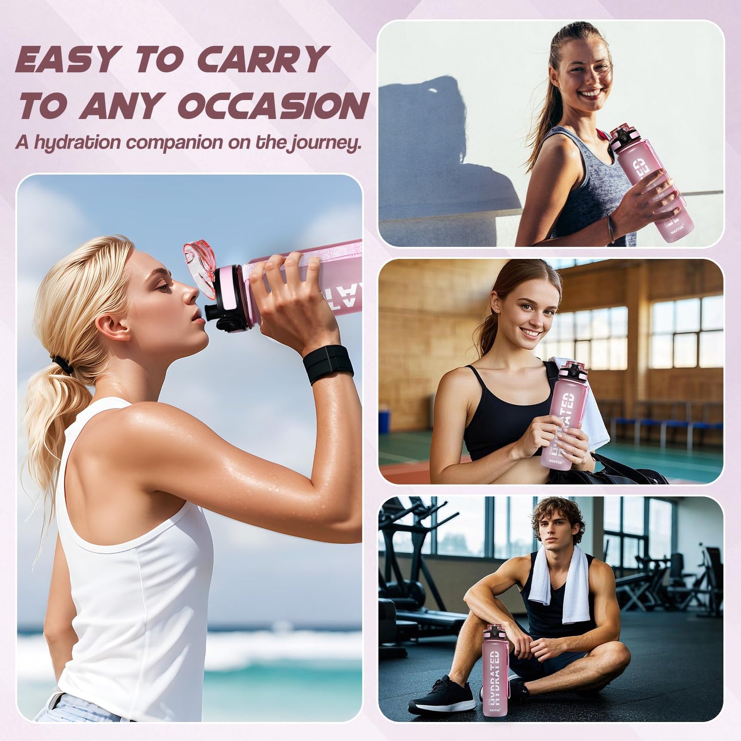 NAVTUE Water Bottle, 32oz Sports Water Bottles with Time Marker Wide Mouth, Motivational and Leakproof Drink Bottle, BPA Free Tritan with Carry Strap for Gym Fitness Outdoor(Direct Drink)