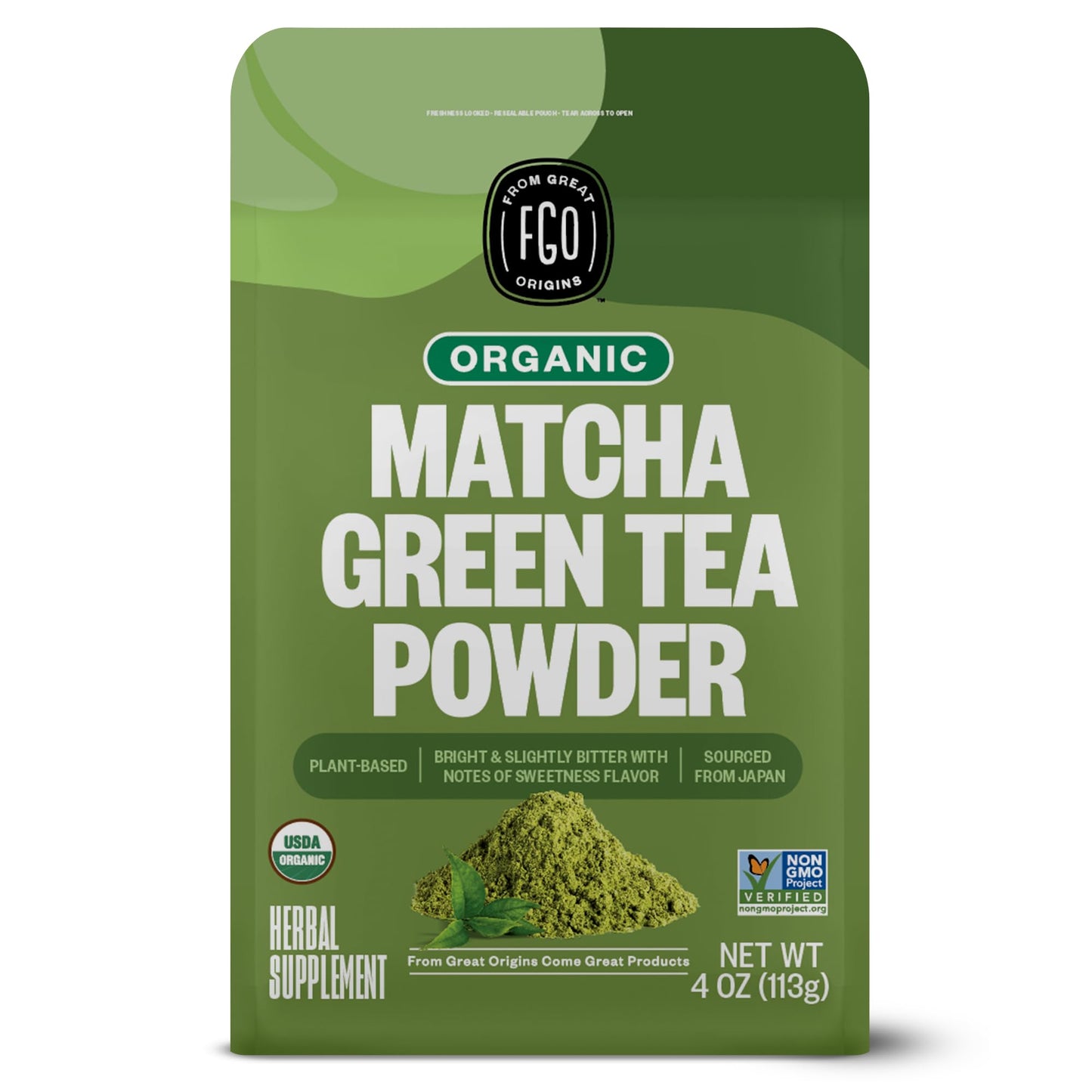 FGO Organic Matcha Green Tea Powder, Japanese Culinary Grade for Cooking, Baking, and Smoothies, 4 Ounce, Resealable Bag, Packaging May Vary (Pack of 1)