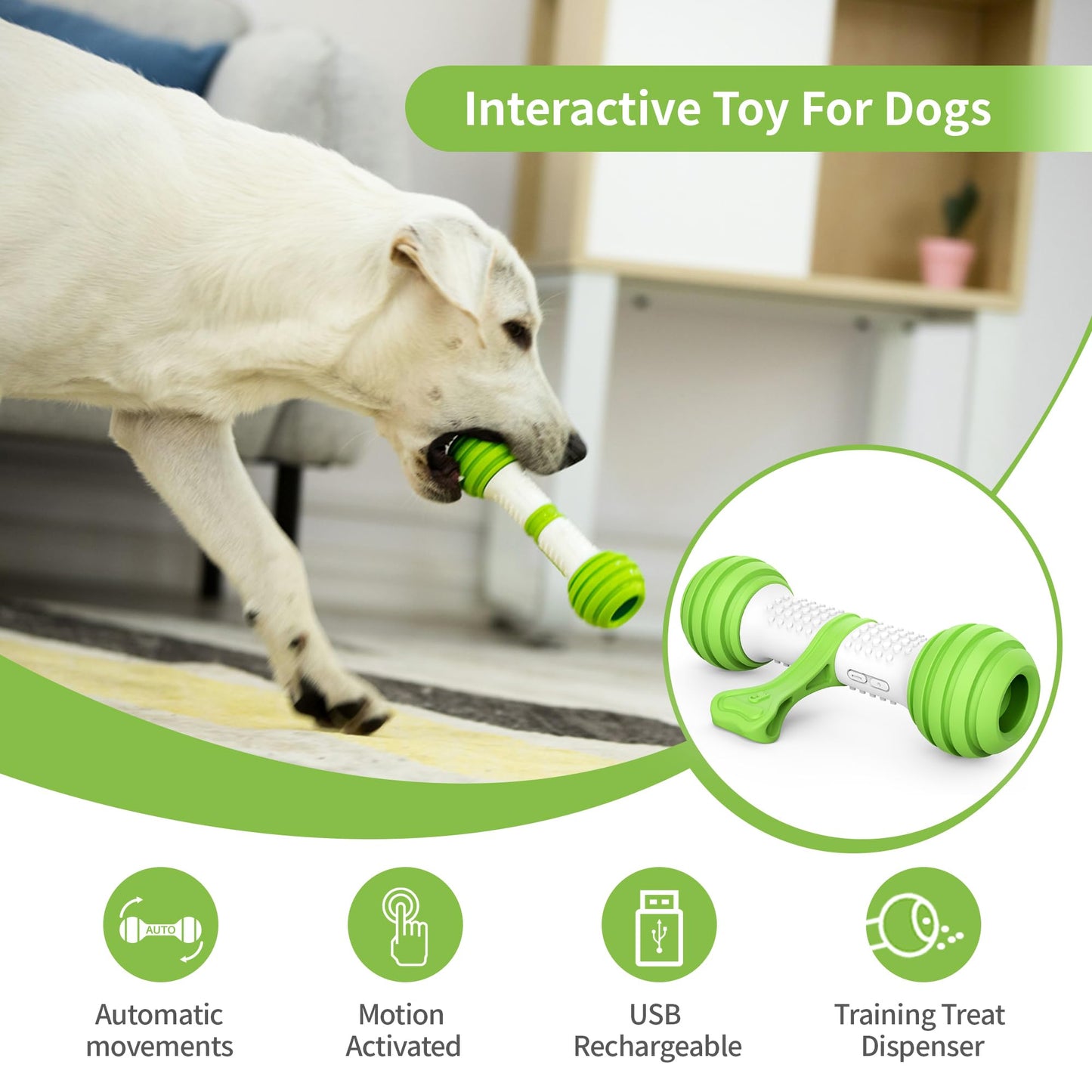 PETGEEK Interactive Dog Toys, Motion Activated Electronic Dog Toy Interactive Dog Bone Toys for Medium Large Dogs, USB Rechargeable Automatic Dog Toy for Boredom and Stimulating (Green)