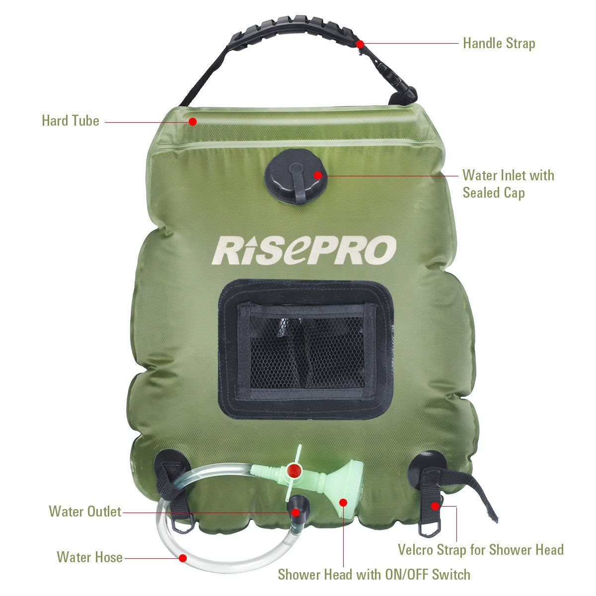 RISEPRO Solar Shower Bag, 5 gallons/20L Solar Heating Premium Camping Shower Bag Hot Water with Temperature 45°C Removable Hose on/Off Switchable Shower Head Hiking Climbing Summer Shower K8
