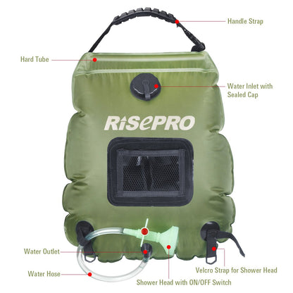 RISEPRO Solar Shower Bag, 5 gallons/20L Solar Heating Premium Camping Shower Bag Hot Water with Temperature 45°C Removable Hose on/Off Switchable Shower Head Hiking Climbing Summer Shower K8