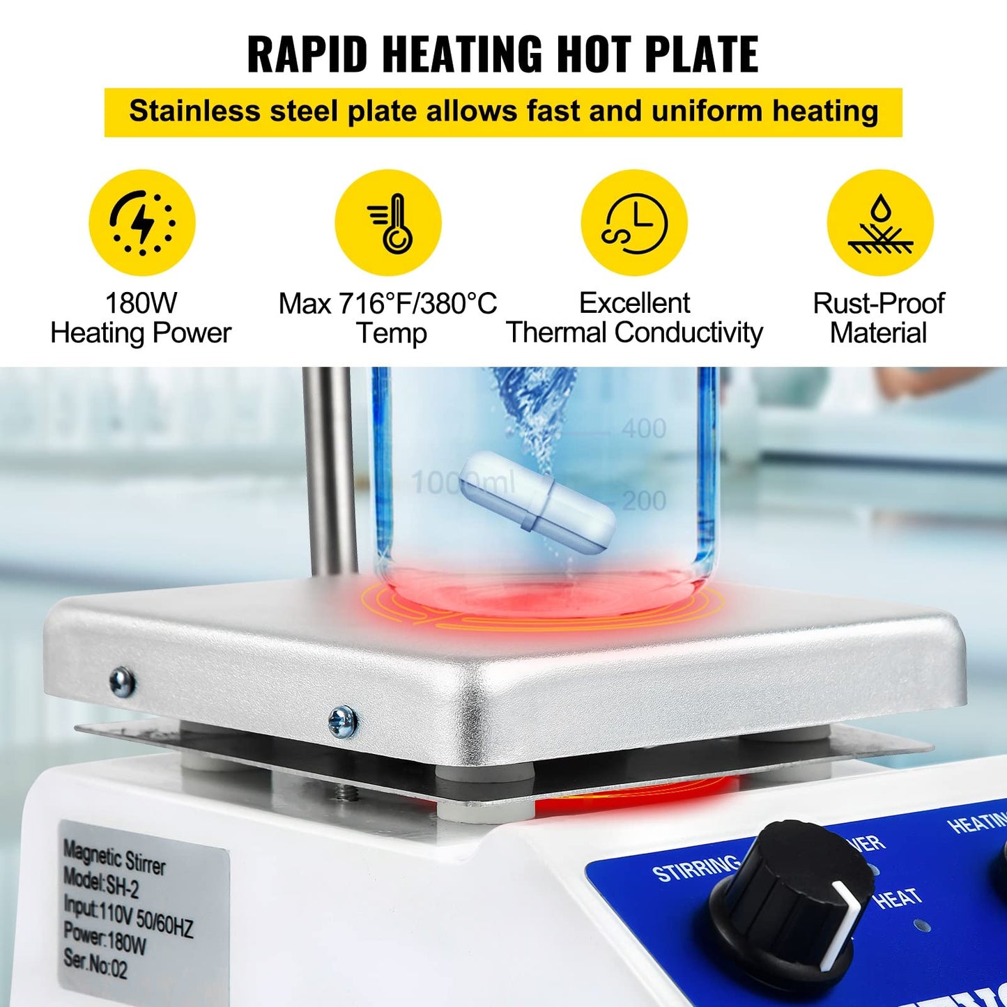 Happybuy Magnetic Stirrer SH-2 Heating Plate 1000ml Magnetic Stirrer Hot Plate 0-2000 RPM Magnetic Stirrer Kit 180W Heating Power 380°C for Lab Liquid Mixing Heating