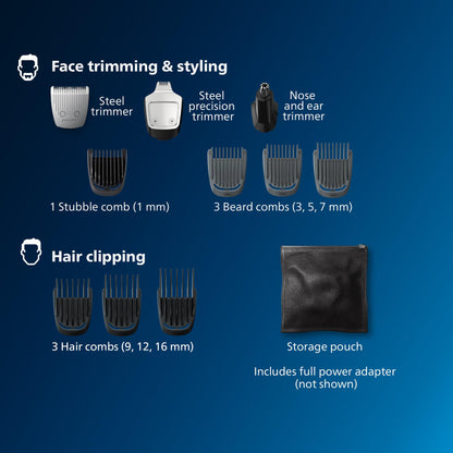Norelco Philips Multi Groomer - 13 Piece Mens Grooming Kit for Beard, face, Nose, and Ear Hair Trimmer and Hair Clipper - NO Blade Oil Needed, MG3740/40
