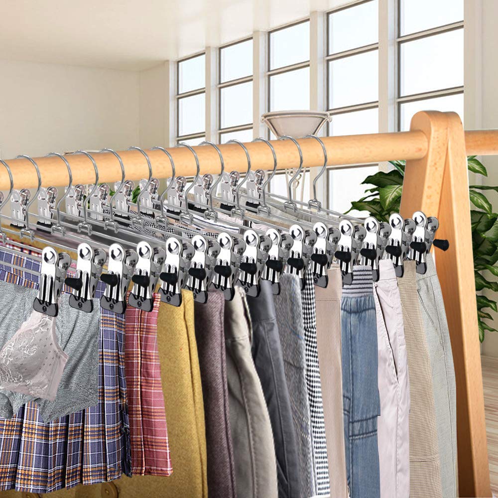 NORTHERN BROTHERS Pants Hangers with Clips Heavy Duty 20 Pack, Adjustable Metal Pants Hanger, Skirt Hangers with Clips Space Saving Hangers for Jeans