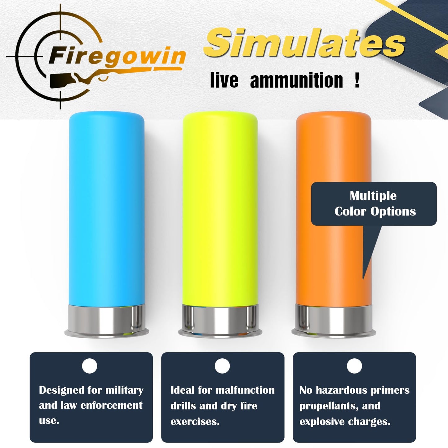 FIREGOWIN Pro 12GA Dummy Rounds – Training Snap Caps, Reusable Dry Fire Training Round with Rubber Primers -Orange Type 5 Pack