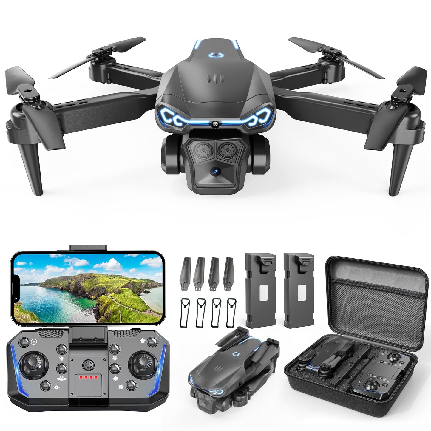 Naseto Drone with Camera 1080P HD, FPV Foldable Drone for Adults Kids, One-Key Take Off/Landing, 3D Flips, Altitude Hold, Speed Adjustment, Headless Mode, 2 Batteries, Toys Gifts for Boys Girls
