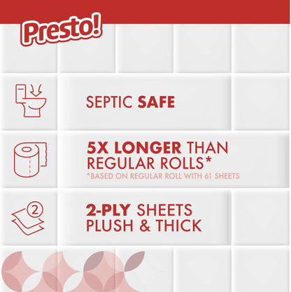 Amazon Brand - Presto! 2-Ply Ultra-Strong Toilet Paper, 12 Mega Rolls Toilet Paper = 60 regular rolls, 308 Sheet (Pack of 12), Unscented