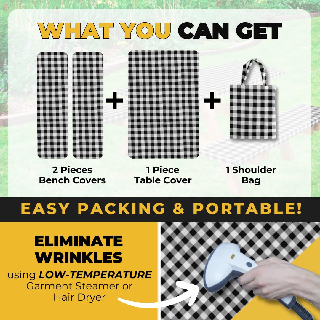 RNOONY Vinyl Fitted Picnic Table Cover with Bench Covers and Bag, 6ft Outdoor Waterproof Windproof Tablecloth with Elastic Edges. Camping RV Gear Campers Must Have 72x30 Inches 4 Pcs Set (Black)