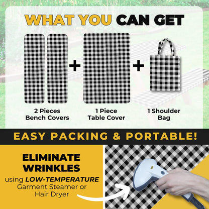 RNOONY Vinyl Fitted Picnic Table Cover with Bench Covers and Bag, 6ft Outdoor Waterproof Windproof Tablecloth with Elastic Edges. Camping RV Gear Campers Must Have 72x30 Inches 4 Pcs Set (Black)