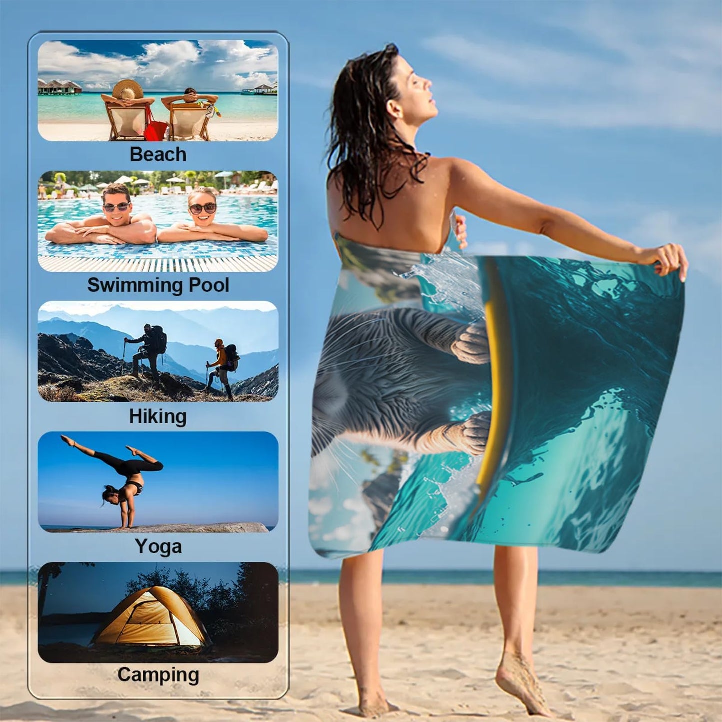 ModaQua Cat Sunglasses Swim Beach Towel, Large Microfiber Quick Dry Lightweight Pool Bath Towels Sand Free Beach Blanket for Summer Cruise Yoga Camping Travel Vacation Essentials 31 x 61 in