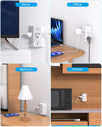 Multi Plug Outlet, Surge Protector, 5 Outlet Extender with 4 USB Charging Ports (2 USB C), USB C Wall Charger, 3-Sided 1800J Power Strip Outlets Splitter Wall Plug Adapter Spaced for Dorm Home Office