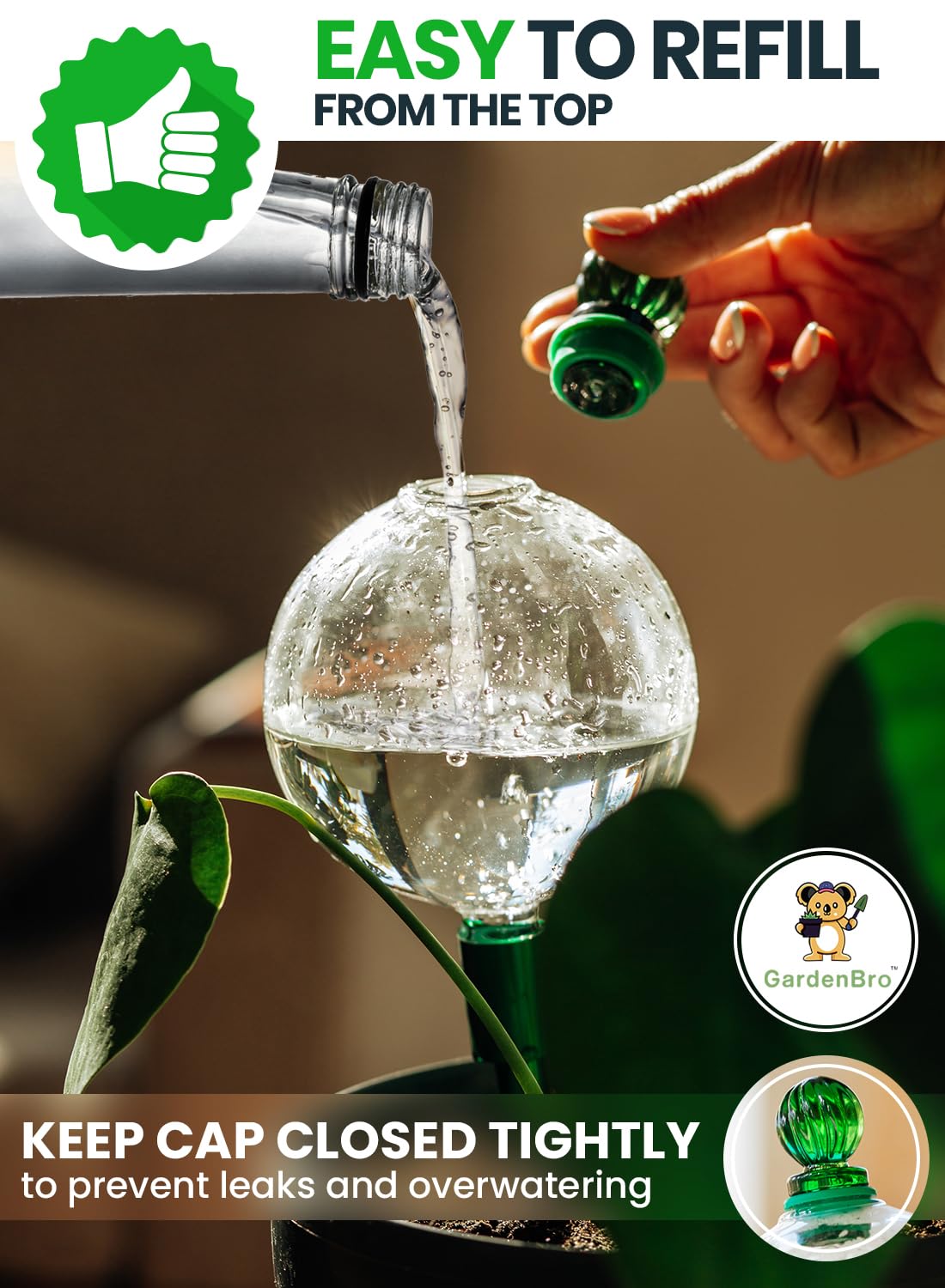 16 Oz Plant Watering Globes For Indoor Plants With Metal Self Watering Planter Insert - Premium XL Glass Hand-blown Globes - Automatic Indoor Planter Waterer, Gift Idea For Gardeners [1, Clear]