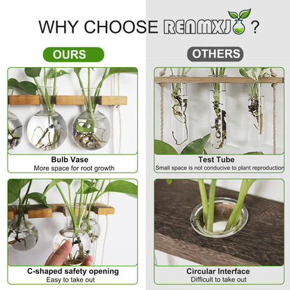 Renmxj Plant Propagation Station Wall Hanging, Plant Terrarium with 2 Tiered Wooden Stand for Hydroponics Plants, Unique Gardening Gifts for Women Mom Plants Lovers - 6 Bulb Glass Vases