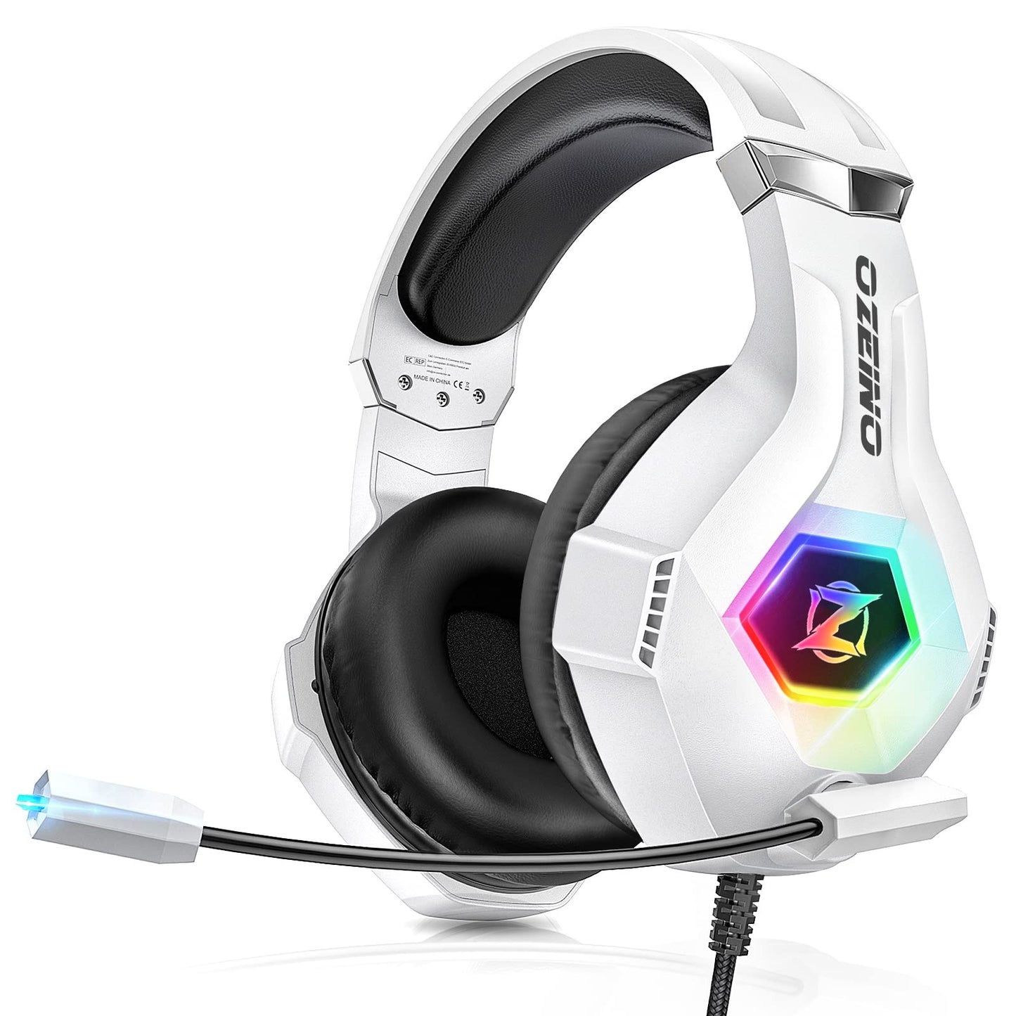 Ozeino Gaming Headset for PC, Ps4, Ps5, Xbox Headset with 7.1 Surround Sound Gaming Headphones with Noise Canceling Mic, LED Light Over Ear Headphones for Switch, Xbox Series X/S, Laptop, Mobile White