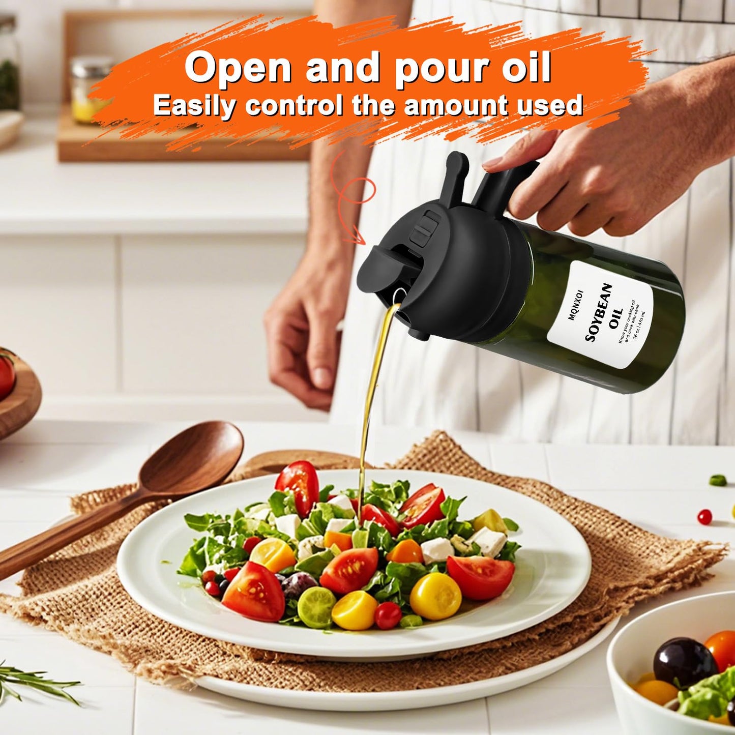 mqnxoi 2 in 1 Glass Oil Sprayer & Dispenser,16oz/470ml Olive Cooking, Air Fryer, and Salad, for Kitchen Gadgets and Air Fryer Accessories, w/Stickers (Black + Dark Green Bottle 2)