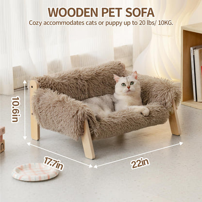 MEWOOFUN Cat Couch Bed, Pet Sofa for Indoor Cats Wooden Indoor Elevated Cat Beds with Removable Mattress Cover Suitable for Kitty, Puppy or Small Animal (Brown, Medium)