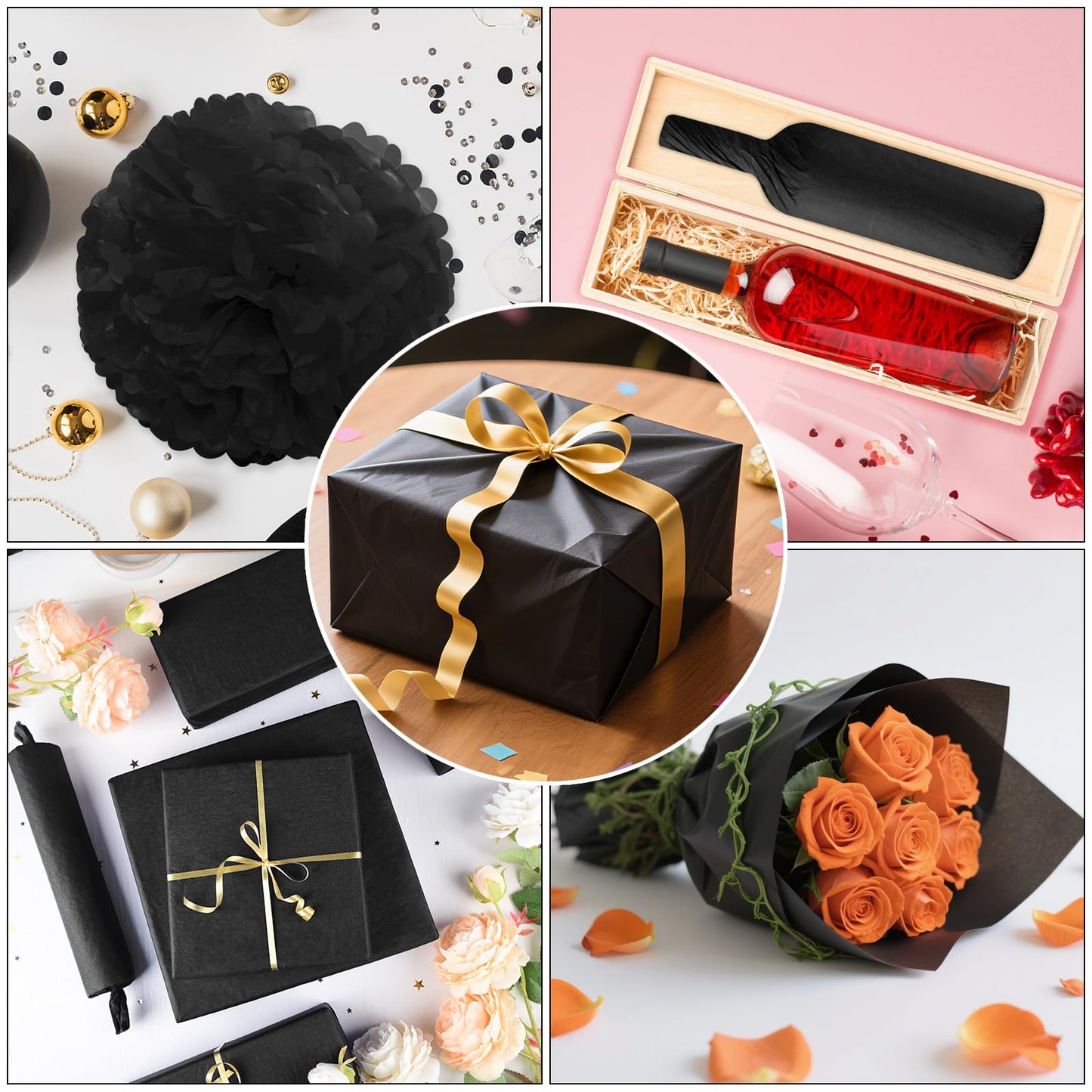 PLULON 60 Sheets Black Tissue Paper for Gift Bags, Gift Wrapping Paper Tissue Bulk for Crafts Packaging Birthday Baby Shower, Wedding Holiday Flower Bachelorette Bridal Party Decorations