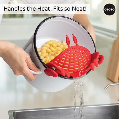 NEW Crabby Clip-On Strainer by OTOTO - Silicone and Stainless Steel Pasta Strainer, Funny Gifts, Cute Kitchen Accessories, Red Crab, Cool Kitchen Gadgets