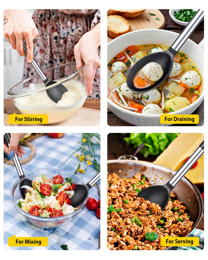 Pack of 2 Large Silicone Cooking Spoons,Non Stick Solid Basting Spoon,Heat-Resistant Kitchen Utensils for Mixing,Serving,Draining,Stirring (BLACK)