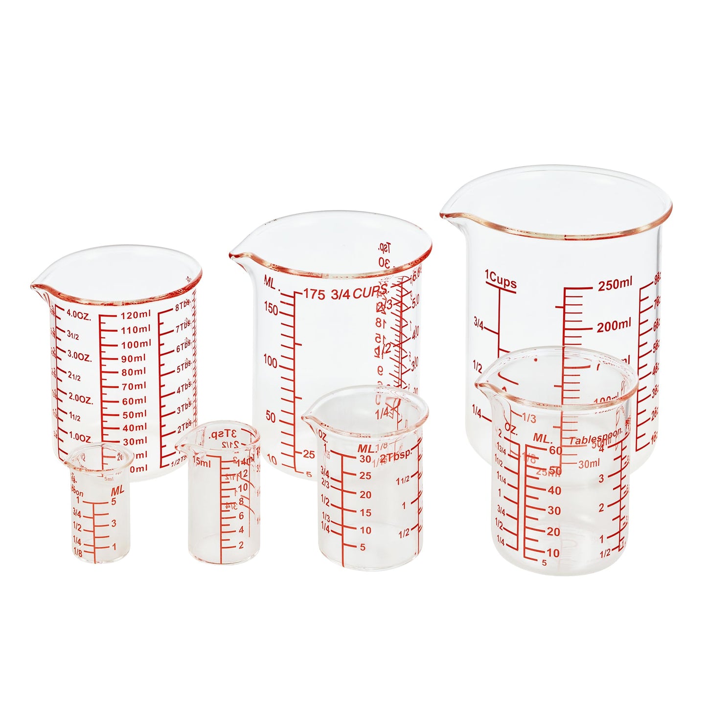 High Borosilicate Glass Measuring Cup Set-V-Shaped Spout，Includes 5ml/15ml/30ml/60ml/120ml/150ml/250ml Glass Measuring Beaker for Kitchen or Restaurant, Easy to Read(Pack of 7)