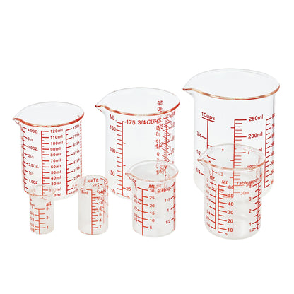 High Borosilicate Glass Measuring Cup Set-V-Shaped Spout，Includes 5ml/15ml/30ml/60ml/120ml/150ml/250ml Glass Measuring Beaker for Kitchen or Restaurant, Easy to Read(Pack of 7)