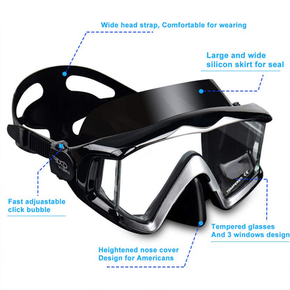 Adult Pano 3 Window Scuba Diving Mask, Tempered Glass Snorkel Mask Anti-Fog Swim Mask No Leakage Swim Goggles with Nose Cover Snorkeling Gear for Snorkeling, Freediving, Swimming (Black)