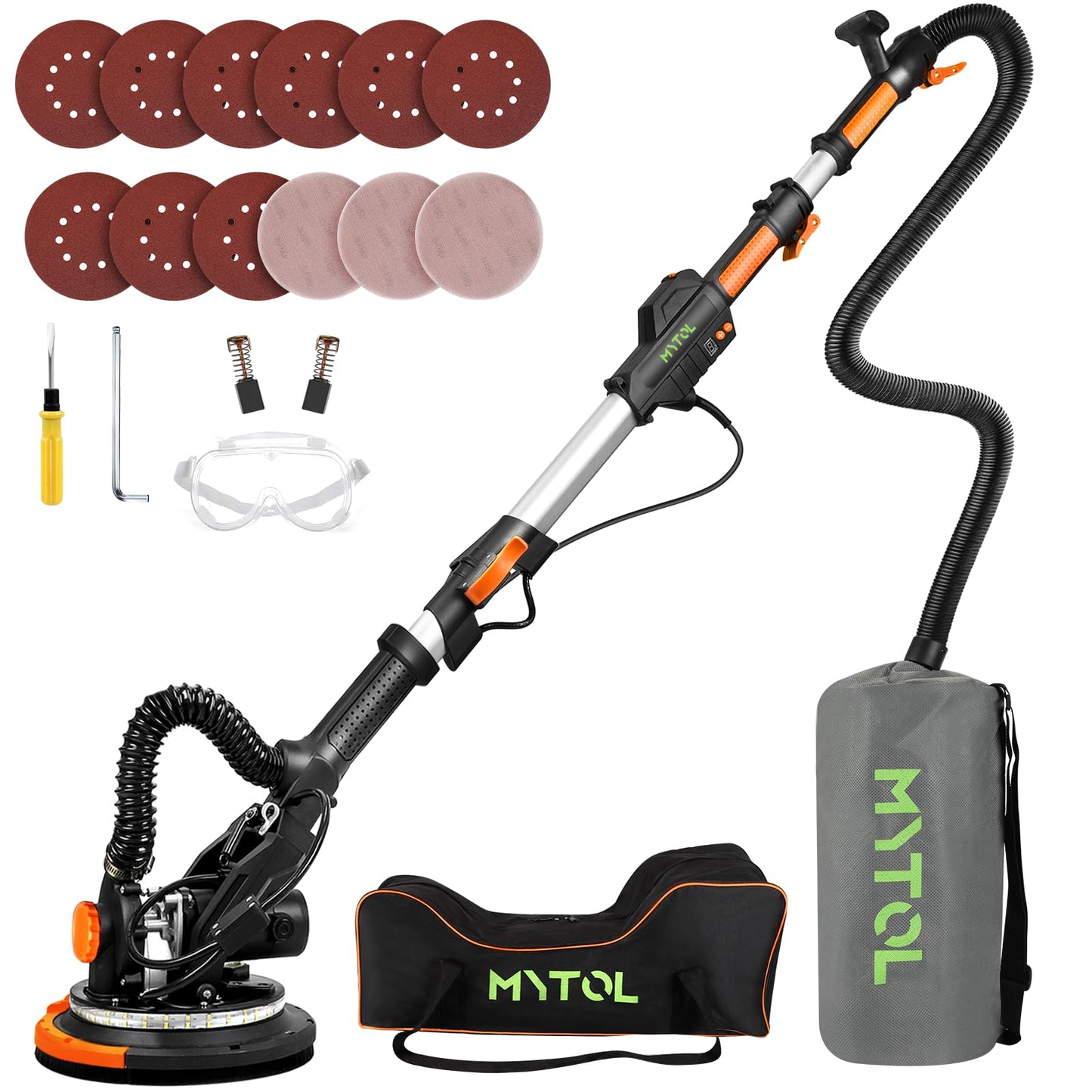 MYTOL Electric Drywall Sander with Vacuum Dust Collection, Variable Speed, LED Light, Foldable Handle, Sanding Discs & Grids