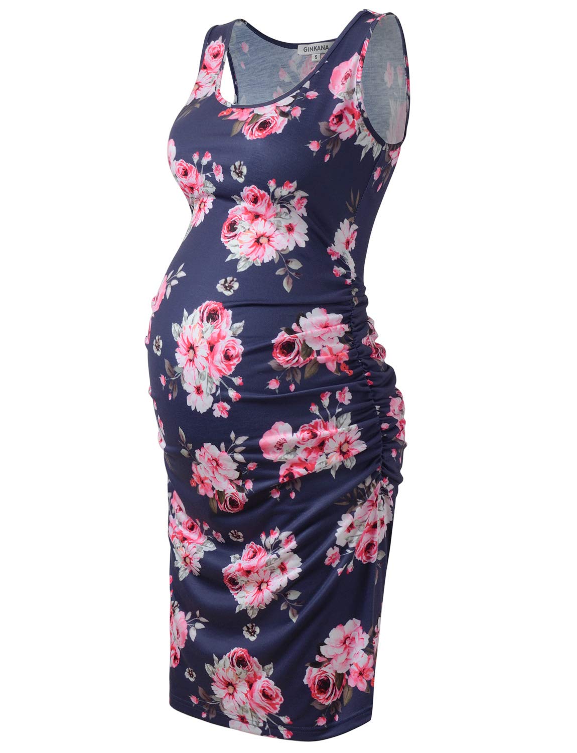 GINKANA Women Summer Sleeveless Maternity Dress Pregnancy Tank Scoop Neck Clothes Bodycon, Floral Navy Blue,M